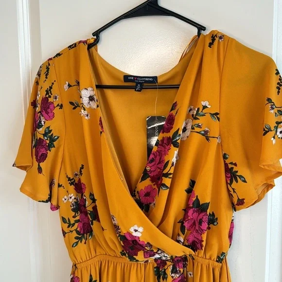One Clothing Yellow with Magenta Flowers Summer/ Spring Dress, Size Small - Picture 3 of 11